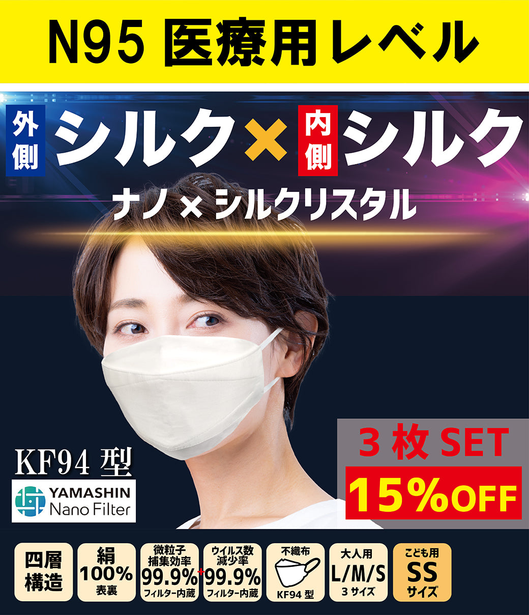 8%OFF！3枚セット【KF94型】ナノ×シルクリスタル 『防御力×快適性』を